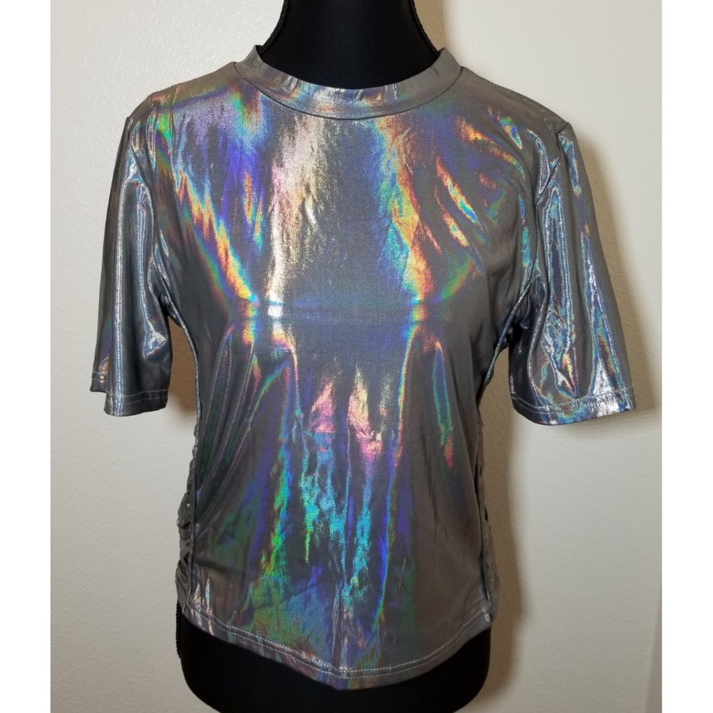 On Twelfth Silver Crop Short Sleeve Top Womens Small Festival Rave EDC Club NWOT